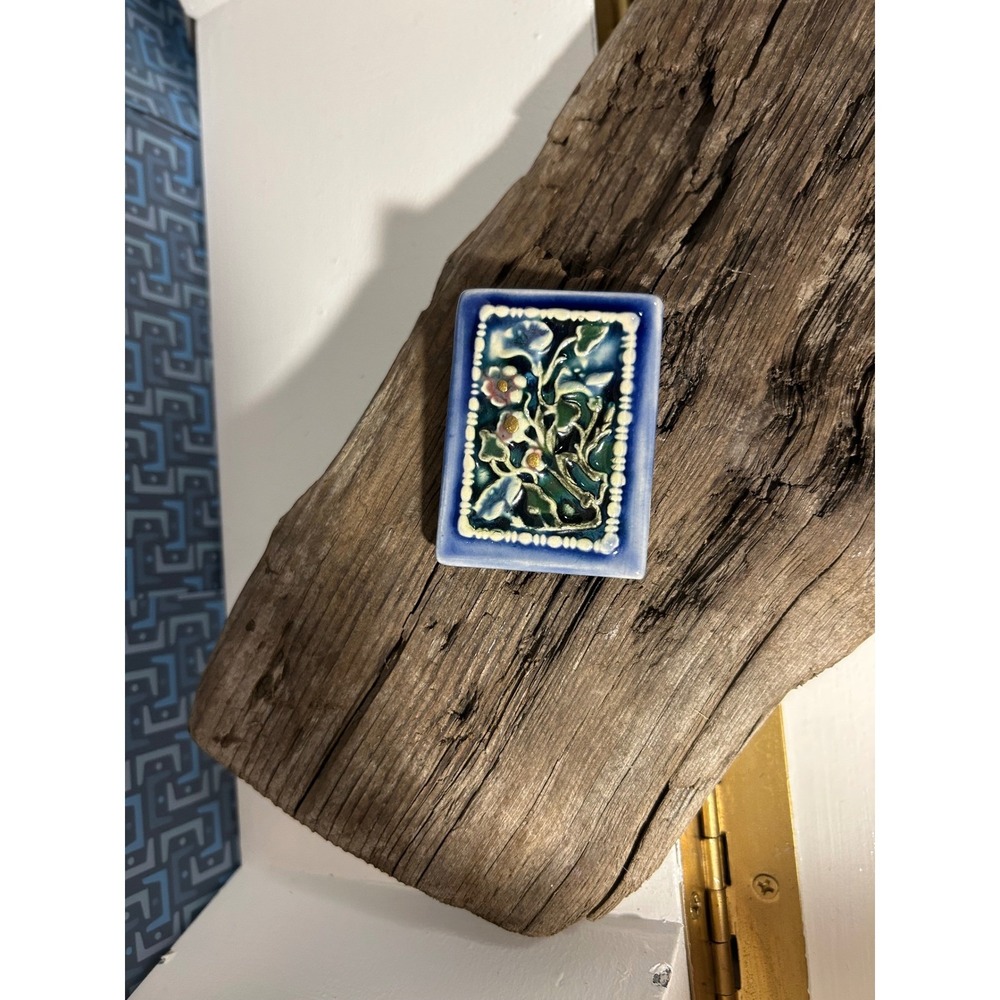 Handcrafted Ceramic Floral Relief Art Tile Blue Green pin